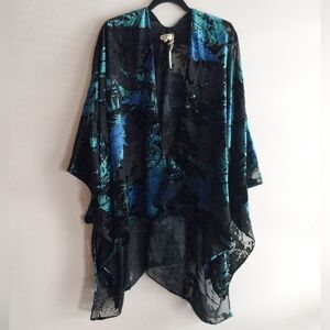 Cost Plus World Market Blue and Green Velvet Burnout Kimono Topper